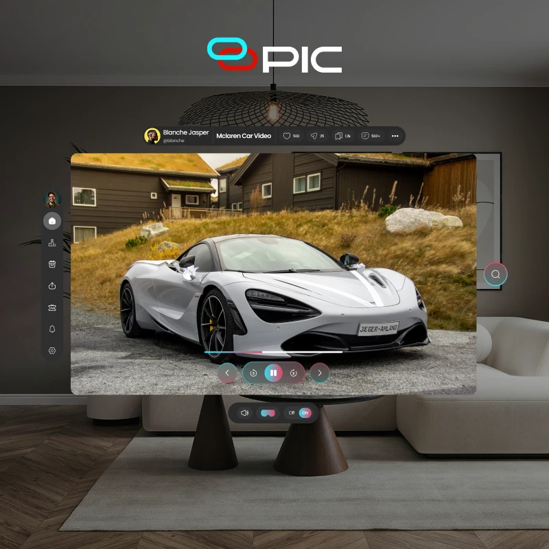 OPIC3D VR app playing a 3D video in a virtual living room
